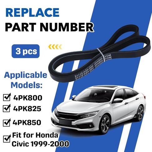 3-Pack 4PK800 4PK850 4PK825 Serpentine Belt Kit, Fit for Honda Civic 1996-2000 A/C, Power, Steering, Alternator Drive Belt Pulley Set Replacement, Durable in Saudi Arabia