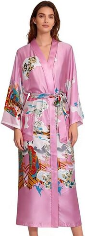 رداء كيمونو طويل من الساتان للنساء رداء حمام حريري مزين بالزهور وخفيف الوزن لملابس نوم وصيفة العروس والزفاف in Kuwait