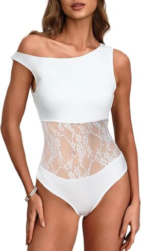 Women's Sexy Off The Shoulder Bodysuit Sleeveless Cut Out Lace Body Suits Leotard Tank Tops in Saudi Arabia