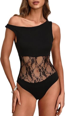 Women's Sexy Off The Shoulder Bodysuit Sleeveless Cut Out Lace Body Suits Leotard Tank Tops in Kuwait