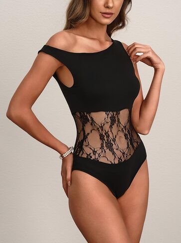 Women's Sexy Off The Shoulder Bodysuit Sleeveless Cut Out Lace Body Suits Leotard Tank Tops in Saudi Arabia