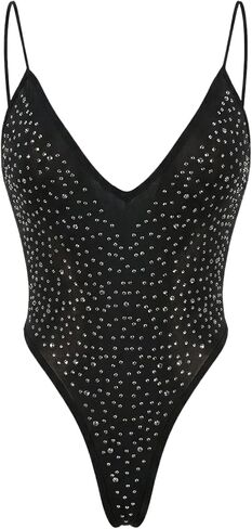 GORGLITTER Women's Rhinestone Bodysuit Leopard Sparkly Deep V Neck Backless Spaghetti Strap Club Party Going Out Tops in Saudi Arabia