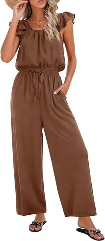 بذلة نسائية صيفية كاجوال برقبة مربعة وأكمام مكشكشة وسروال واسع الساق برباط مع جيوب in Kuwait