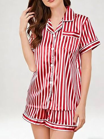 Womens Satin Pajamas Set Button Down 2 Piece Silk Pjs Shorts Set Ruffle Lingerie Notch Collar Sleepwear in Saudi Arabia