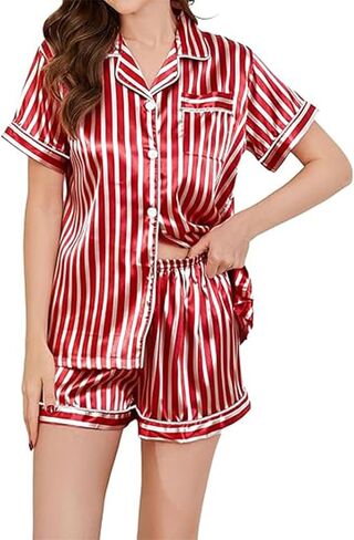 Womens Satin Pajamas Set Button Down 2 Piece Silk Pjs Shorts Set Ruffle Lingerie Notch Collar Sleepwear in Saudi Arabia