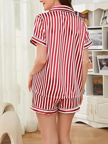 Womens Satin Pajamas Set Button Down 2 Piece Silk Pjs Shorts Set Ruffle Lingerie Notch Collar Sleepwear in Saudi Arabia