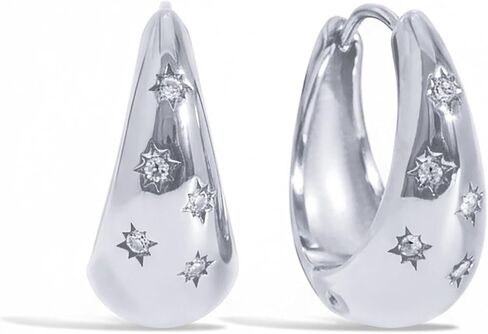 PAVOI Waterproof Gold Hoop Earrings for Women - Rhodium Plated Chunky Huggie Hoop Earrings with Cubic Zirconia Starburst - Stainless Steel Trendy Summer Fashion Jewelry - White in Saudi Arabia