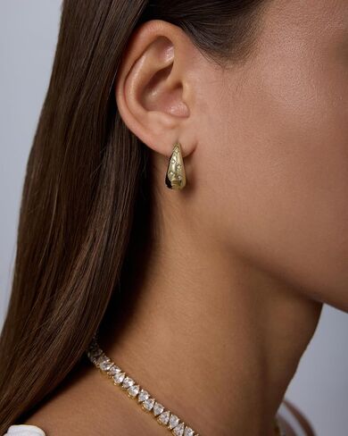 PAVOI Waterproof Gold Hoop Earrings for Women - Rhodium Plated Chunky Huggie Hoop Earrings with Cubic Zirconia Starburst - Stainless Steel Trendy Summer Fashion Jewelry - White in Saudi Arabia