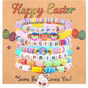7 Pcs Easter Bunny Beaded Bracelet Set - Stackable Polymer Clay Heishi Stretch Bracelets with Bunny Carrot Egg Charms, easter bracelet bunny bracelet for gir, Easter Spring Jewelry Gifts for Teen in Kuwait