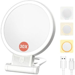 1X/30X Magnifying Mirror with Light and Adjustable Brightness, Makeup Mirror with 360° Rotation Adjustable Folding Handle, Portable Rechargeable Double Sided Mirrors, Foldable Vanity Mirror (white) in Saudi Arabia