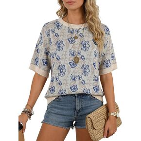 المرأة قصيرة الأكمام الأزهار سترة فضفاضة عادية بوهو Crewneck متماسكة البلوز الأعلى 2026 قميص الصيف in Kuwait