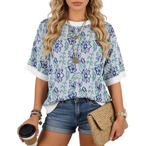 المرأة قصيرة الأكمام الأزهار سترة فضفاضة عادية بوهو Crewneck متماسكة البلوز الأعلى 2026 قميص الصيف in Kuwait