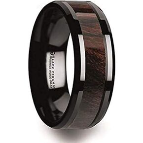 Benny Black Ceramic Polished Beveled Edges Men’s Wedding Band with Bubinga Wood Inlay by Thorsten Jewelry - 8mm in Kuwait