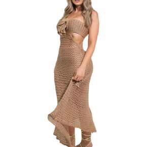 Women Halterneck Beach Coverup Dress Knitted Swimsuit Coverups Crochet Beach Dress Full Length Beach Coverup Dress in Saudi Arabia
