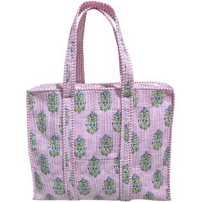 Large Cotton Quilted Tote Bag for Women - 18"x16" Spacious Handbag with Zipper, Perfect for Beach Travel Shopping in Saudi Arabia