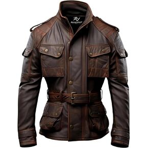 Men's Brown Real Leather Field Jacket with Belted Waist, Multi Pockets & Military Style, Vintage Distressed Moto Coat in Kuwait