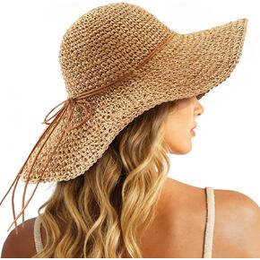 قبعات الشاطئ من القش للنساء، قبعات صيفية مرنة ذات حافة واسعة من القش، قبعة قابلة للطي وقابلة للطي in Kuwait