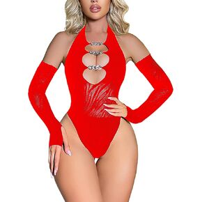 Mingnos ملابس داخلية شبكية مثيرة للسيدات، بدلة شبكية مجوفة بدون ظهر مع قفازات ملابس المهرجان in Kuwait