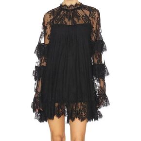 Women See Through Long Sleeve Lace Mini Dress Ruffle Layered Sheer Lace Short Dresses Sexy Going Out Cover Up Dresses in Saudi Arabia