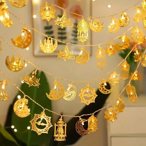مصباح ديكور LED ذهبي على شكل هلال بطول 5.41 قدم، 10 مصابيح LED مجوفة على شكل نجمة القمر/سلسلة أضواء USB لتزيين المنزل، ديكور رمضان احتفالي، هدية عيد مبارك، طاولة الشرفة - 15 in Saudi Arabia