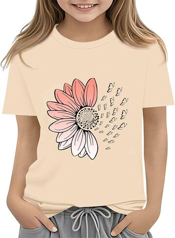 Girls Graphic Short Sleeve Shirt Kids Flower Print Crewneck Shirts Toddler Summer Cute T-Shirt Tween School Casual Tees in Saudi Arabia