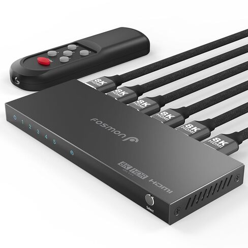 محول Fosmon 5 منافذ HDMI 8K مع جهاز تحكم عن بعد، يدعم 8K@60 هرتز 4K@120 هرتز HDR10+ HDCP 2.3 سرعة عالية 48 جيجابت في الثانية 5 في 1 مخرج تلقائي 5x1 HDMI 2.1 موزع موزع متوافق مع PS5 وXbox X وApple TV in Saudi Arabia