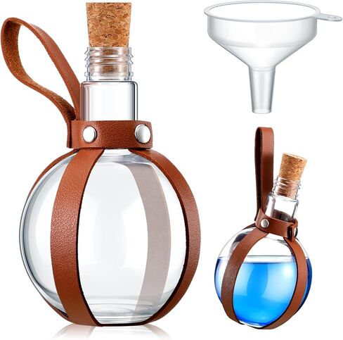 Baderke 1 Set Plastic Potion Bottle for Drinks 8 oz Round Spherical Bottle with Cork Stopper Wizard Potion Jar Kit Cosplay Accessories with Leather Belt Candy Jar for Party Decorations(Coffee) in Saudi Arabia