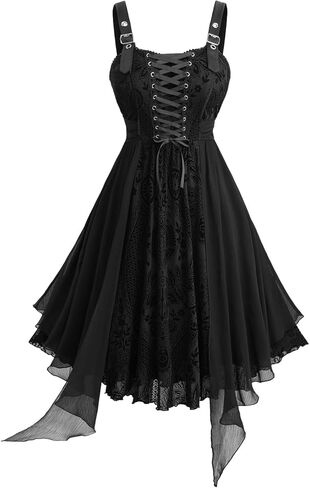 ROSE GAL Plus Size Womens Vintage Gothic Flower Flocking Lace-up Buckles Straps Sleeveless Midi Dress in Saudi Arabia