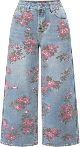 WDIRARA Women's Plus Size Floral Wide Leg Jeans Loose Baggy Denim Pants in Saudi Arabia