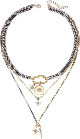 Gold Layered Necklace for Women, 3PCS Chunky Dainty Stackable Layering Rosary Chain Cross Carabiner Evil Eye Charm Necklaces Set Necklace Trendy Boho Vintage Jewelry Gift in Saudi Arabia