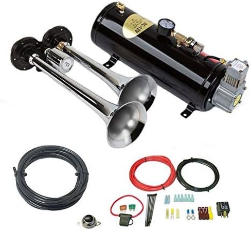 MPC 2 Trumpet Train Air Horn Kit - Fits Almost Any Vehicle: Truck, Car, Jeep, SUV. Includes Two Chrome Trumpets with All-In-One Air System: 110 PSI, 12-Volt Air Compressor, Tank, & More. Complete Kit! in Saudi Arabia