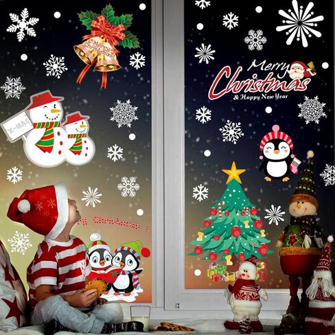 195 قطعة من ملصقات النوافذ الملتصقة برقائق الثلج لعيد الميلاد، ملصقات نافذة عيد الميلاد 8 ورقات in Kuwait