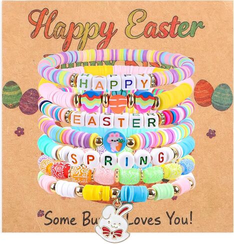 7 Pcs Easter Bunny Beaded Bracelet Set - Stackable Polymer Clay Heishi Stretch Bracelets with Bunny Carrot Egg Charms, easter bracelet bunny bracelet for gir, Easter Spring Jewelry Gifts for Teen in Kuwait