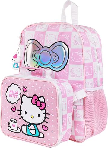 Sanrio Hello Kitty All-Over Print Backpack with Detachable Lunchbox and 3D Charm, White/Pink, 17H X 12W X 5D in Saudi Arabia