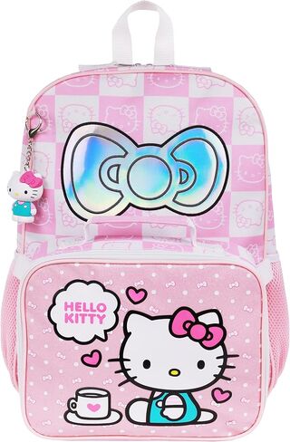 Sanrio Hello Kitty All-Over Print Backpack with Detachable Lunchbox and 3D Charm, White/Pink, 17H X 12W X 5D in Saudi Arabia