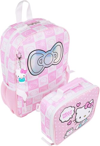 Sanrio Hello Kitty All-Over Print Backpack with Detachable Lunchbox and 3D Charm, White/Pink, 17H X 12W X 5D in Saudi Arabia