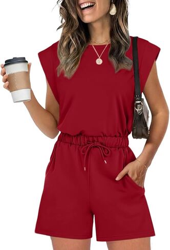 Rompers for Women Summer Cap Sleeve Adjustable Jumpsuit Casual Crewneck Drawstring Waistband Outfit with Pockets in Saudi Arabia