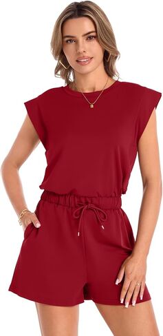 Rompers for Women Summer Cap Sleeve Adjustable Jumpsuit Casual Crewneck Drawstring Waistband Outfit with Pockets in Saudi Arabia