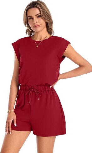 Rompers for Women Summer Cap Sleeve Adjustable Jumpsuit Casual Crewneck Drawstring Waistband Outfit with Pockets in Saudi Arabia