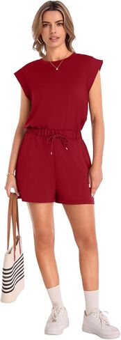 Rompers for Women Summer Cap Sleeve Adjustable Jumpsuit Casual Crewneck Drawstring Waistband Outfit with Pockets in Saudi Arabia
