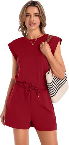 Rompers for Women Summer Cap Sleeve Adjustable Jumpsuit Casual Crewneck Drawstring Waistband Outfit with Pockets in Saudi Arabia