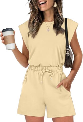 Rompers for Women Summer Cap Sleeve Adjustable Jumpsuit Casual Crewneck Drawstring Waistband Outfit with Pockets in Saudi Arabia