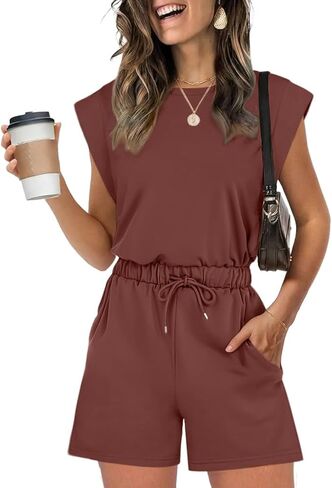 Rompers for Women Summer Cap Sleeve Adjustable Jumpsuit Casual Crewneck Drawstring Waistband Outfit with Pockets in Saudi Arabia