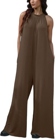 Women's Casual Jumpsuit Elegant Tie Back Cutout Halter Neck Wide-Leg Jumpsuit Aqua Blue Soft Fabric Sleeveless in Kuwait