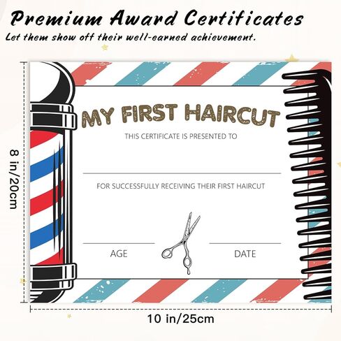 25 جائزة My First Haircut، ورق شهادة صالون الحلاقة مقاس 8 × 10 بوصة لصالون الشعر، هدايا تذكارية لقص الشعر الأول للأطفال والبنات والأولاد -06 in Kuwait