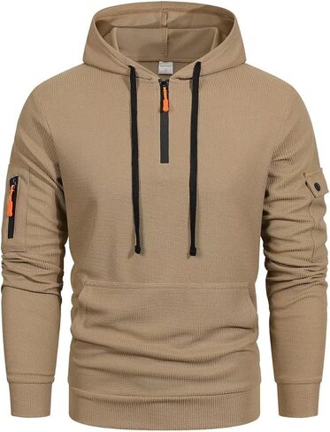 Men's Pullover Hoodies Plaid Waffle Jacquard Long Sleeve Drawstring Hipster Casual Hooded Sweatshirts with Kanga Pockets in Saudi Arabia