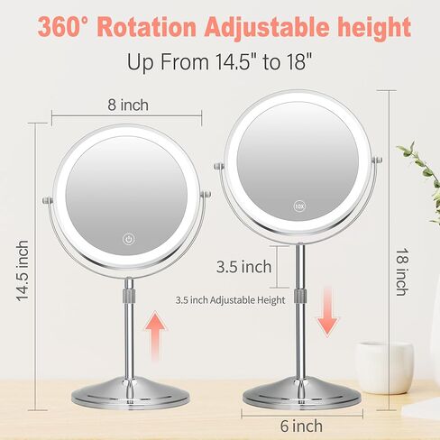 Lighted Makeup Mirror with Magnification, 10X 8’’Rechargeable Double Sided Vanity Mirror with Lights Magnifying Makeup Mirror with 3 Color Light with 360° Rotation, Detachable Base in Saudi Arabia