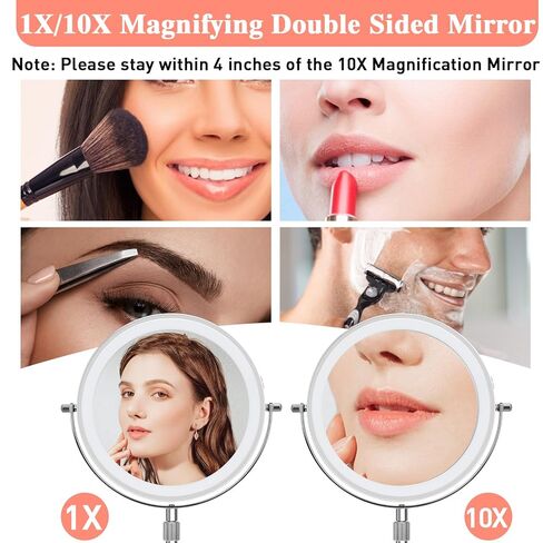 Lighted Makeup Mirror with Magnification, 10X 8’’Rechargeable Double Sided Vanity Mirror with Lights Magnifying Makeup Mirror with 3 Color Light with 360° Rotation, Detachable Base in Saudi Arabia