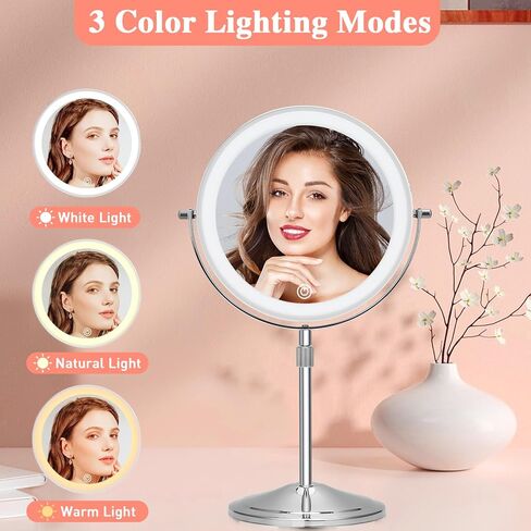 Lighted Makeup Mirror with Magnification, 10X 8’’Rechargeable Double Sided Vanity Mirror with Lights Magnifying Makeup Mirror with 3 Color Light with 360° Rotation, Detachable Base in Saudi Arabia