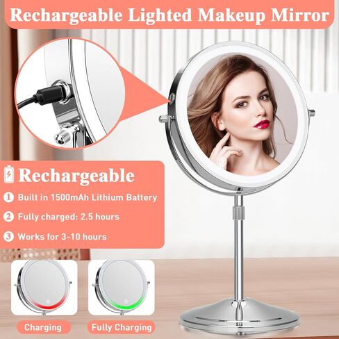 Lighted Makeup Mirror with Magnification, 10X 8’’Rechargeable Double Sided Vanity Mirror with Lights Magnifying Makeup Mirror with 3 Color Light with 360° Rotation, Detachable Base in Saudi Arabia